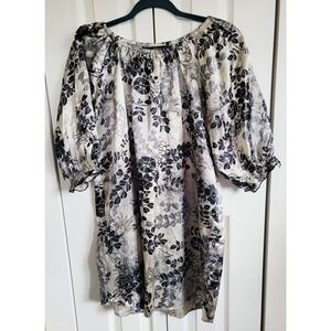 Luis De Parique Paris 40 Satiny Long Tunic Short Dress Black Gold Floral Elastic